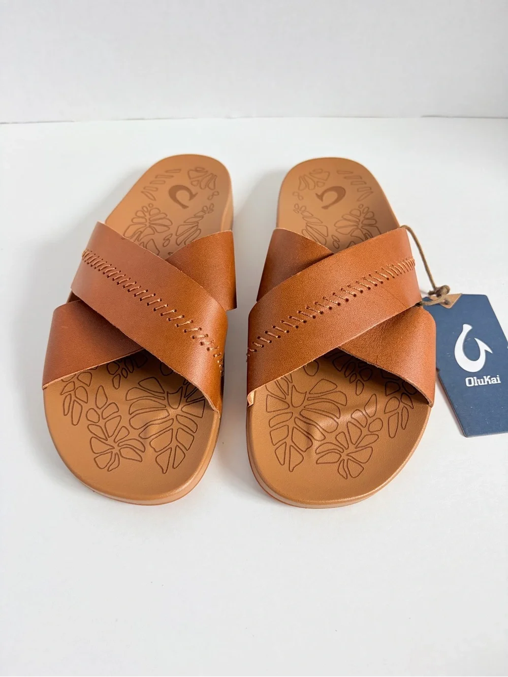 OluKai Kipea Olu Slide Sandals Cross Strap Shoes Cushioned Leather Brown Size 9 - Picture 9 of 15